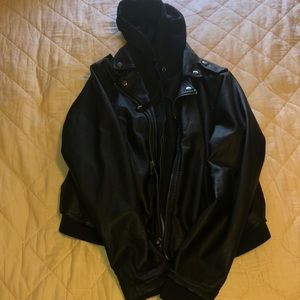 Faux Black leather bomber jacket with hood